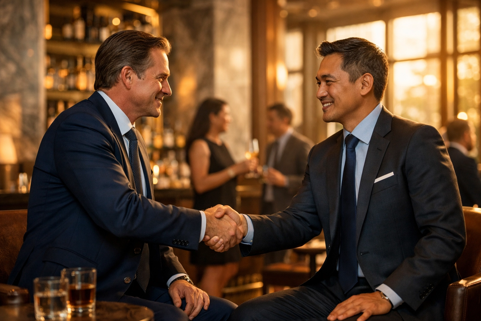 NEWSLETTER Business executives shaking hands during Super Bowl networking event