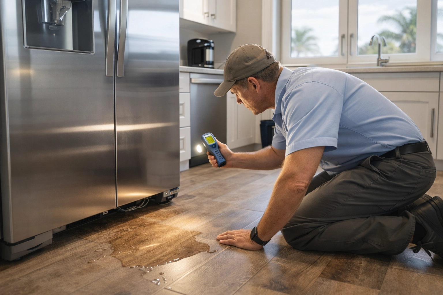 Water leak from refrigerator in unoccupied Florida condo kitchen