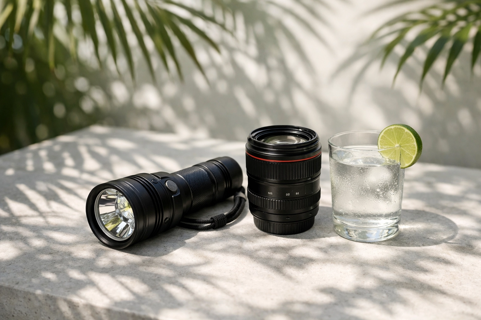Scuba diving light and camera lens stored in the shade to keep lithium batteries cool.
