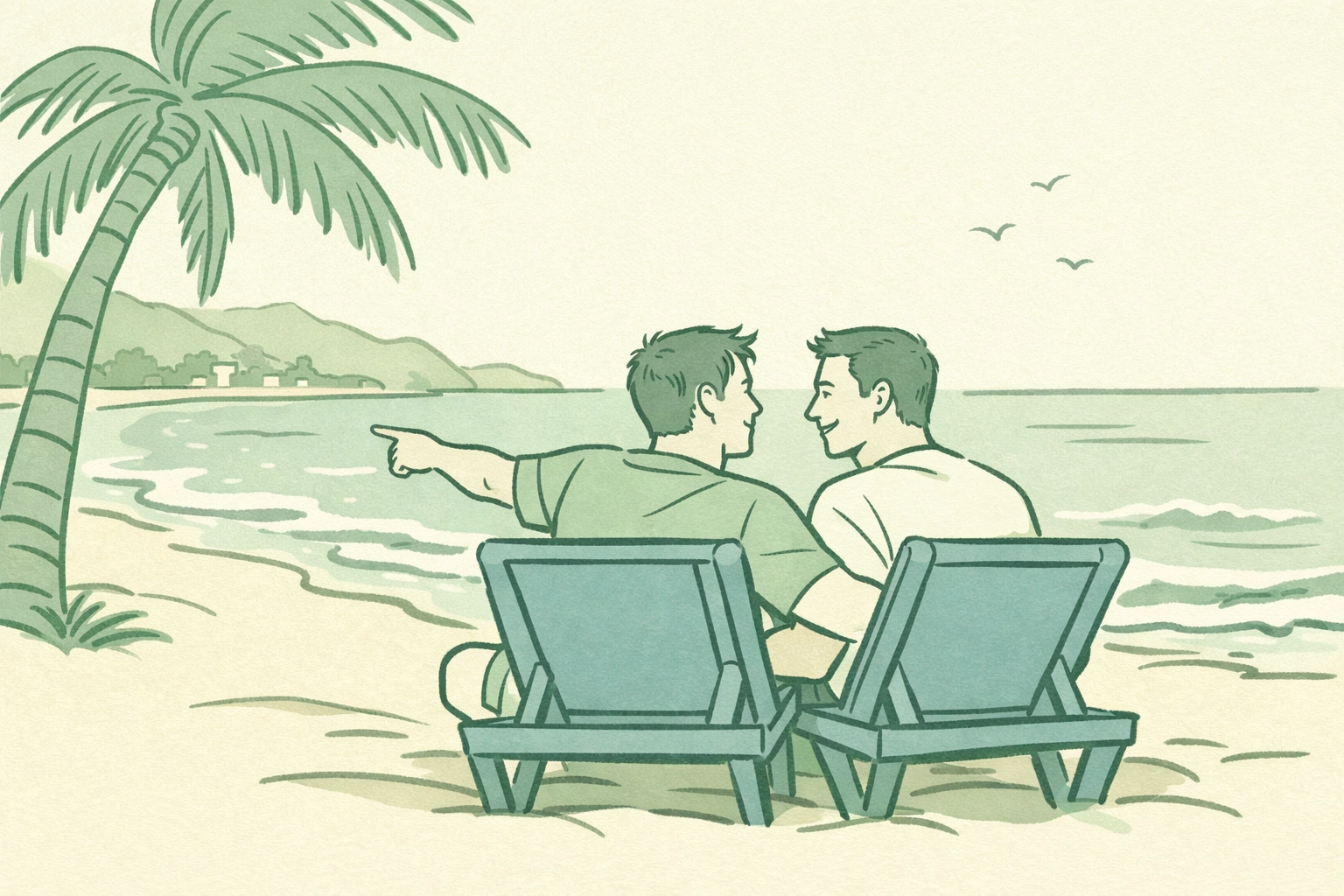 Gay couple relaxing on blue beach chairs at Playa Los Muertos Puerto Vallarta