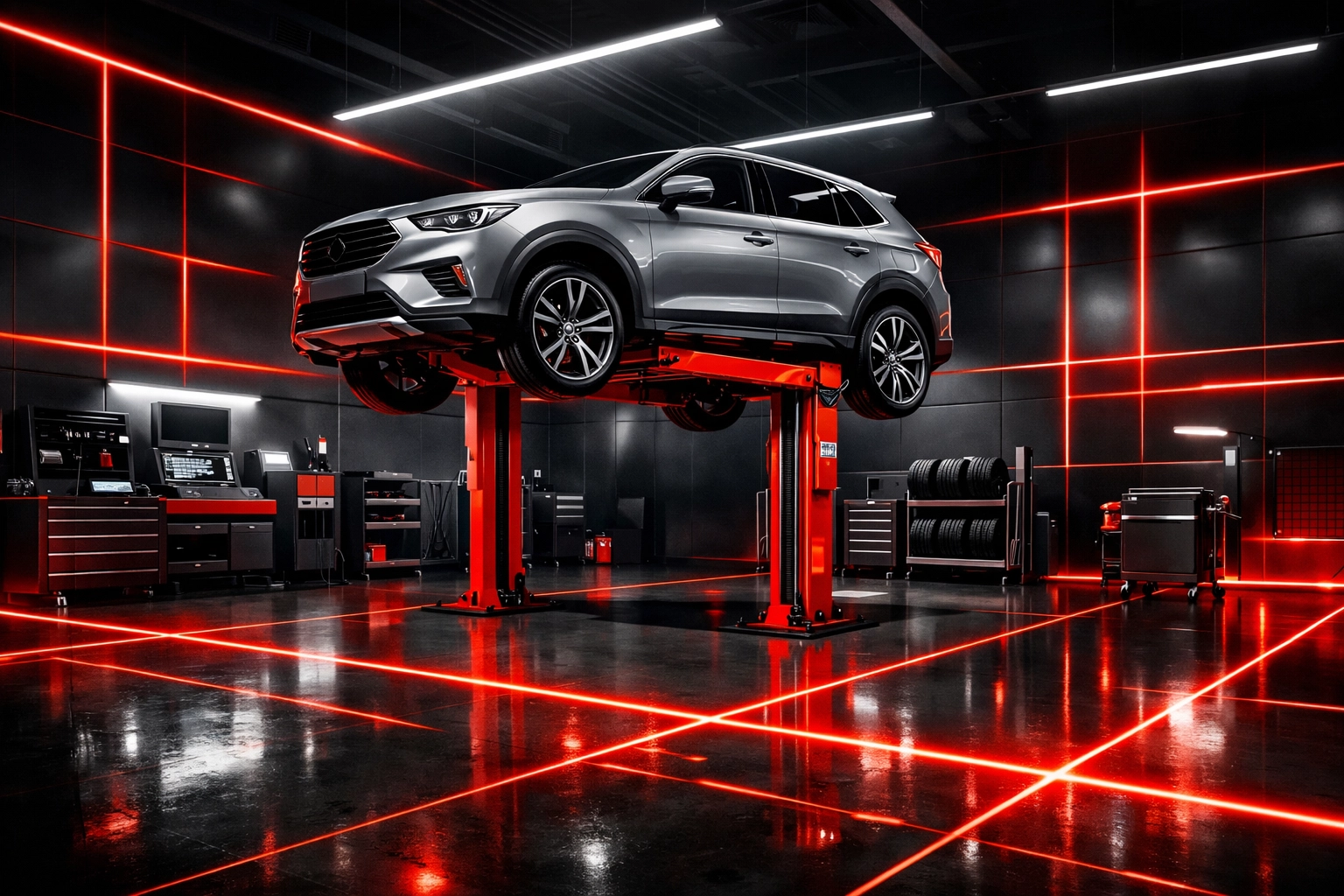 Modern SUV on a red lift in an organized dealership service bay, symbolizing increased service drive revenue.