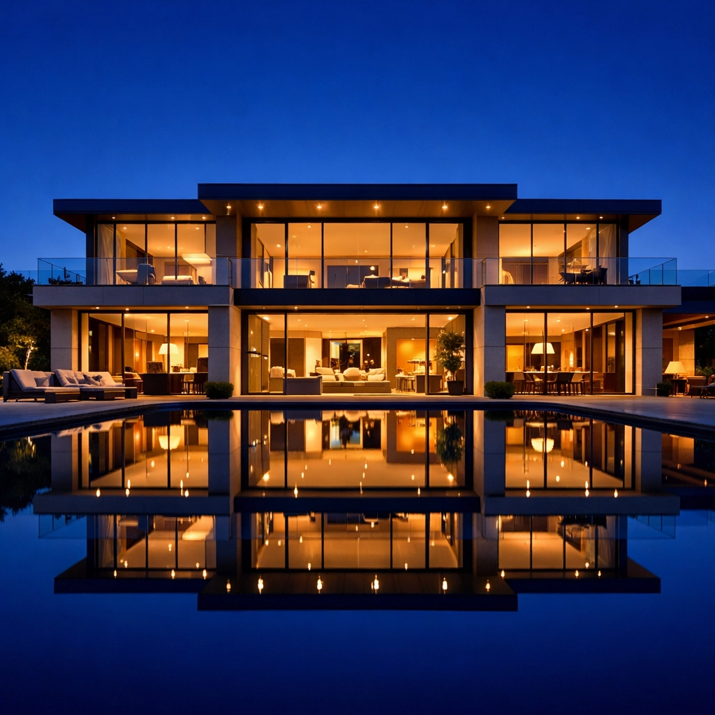 Stunning architectural photograph of a luxury villa with an infinity pool at blue hour.