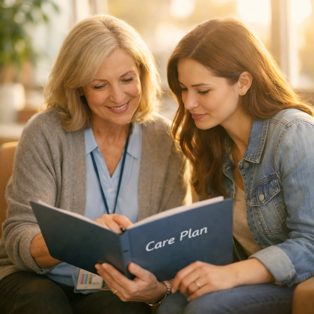 Healthcare coordinator and family member discussing a home care plan in a sunny hospital lounge.