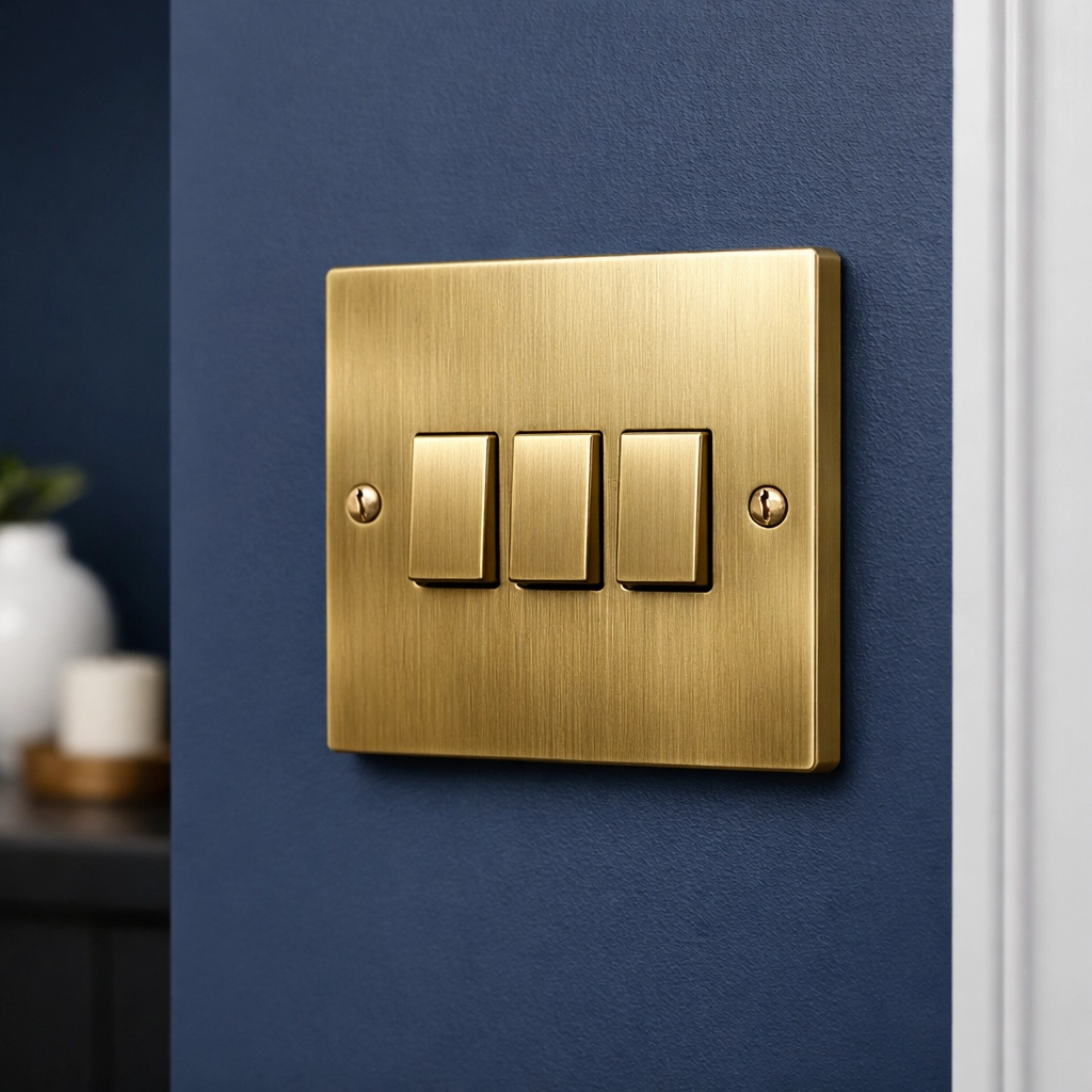 Sanitized brass light switch on a navy wall, part of thorough Weekly House Cleaning in Lynnfield.