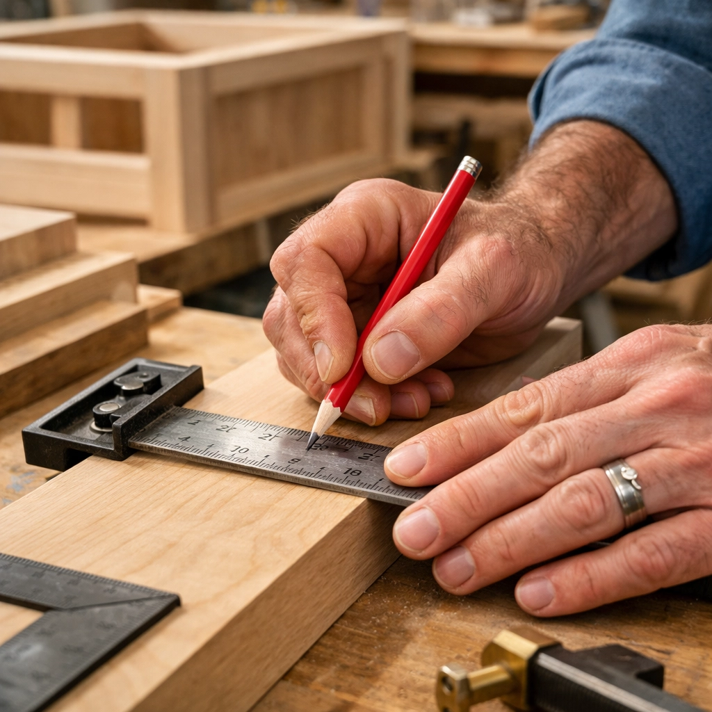 Craftsman building custom cabinetry in woodworking shop