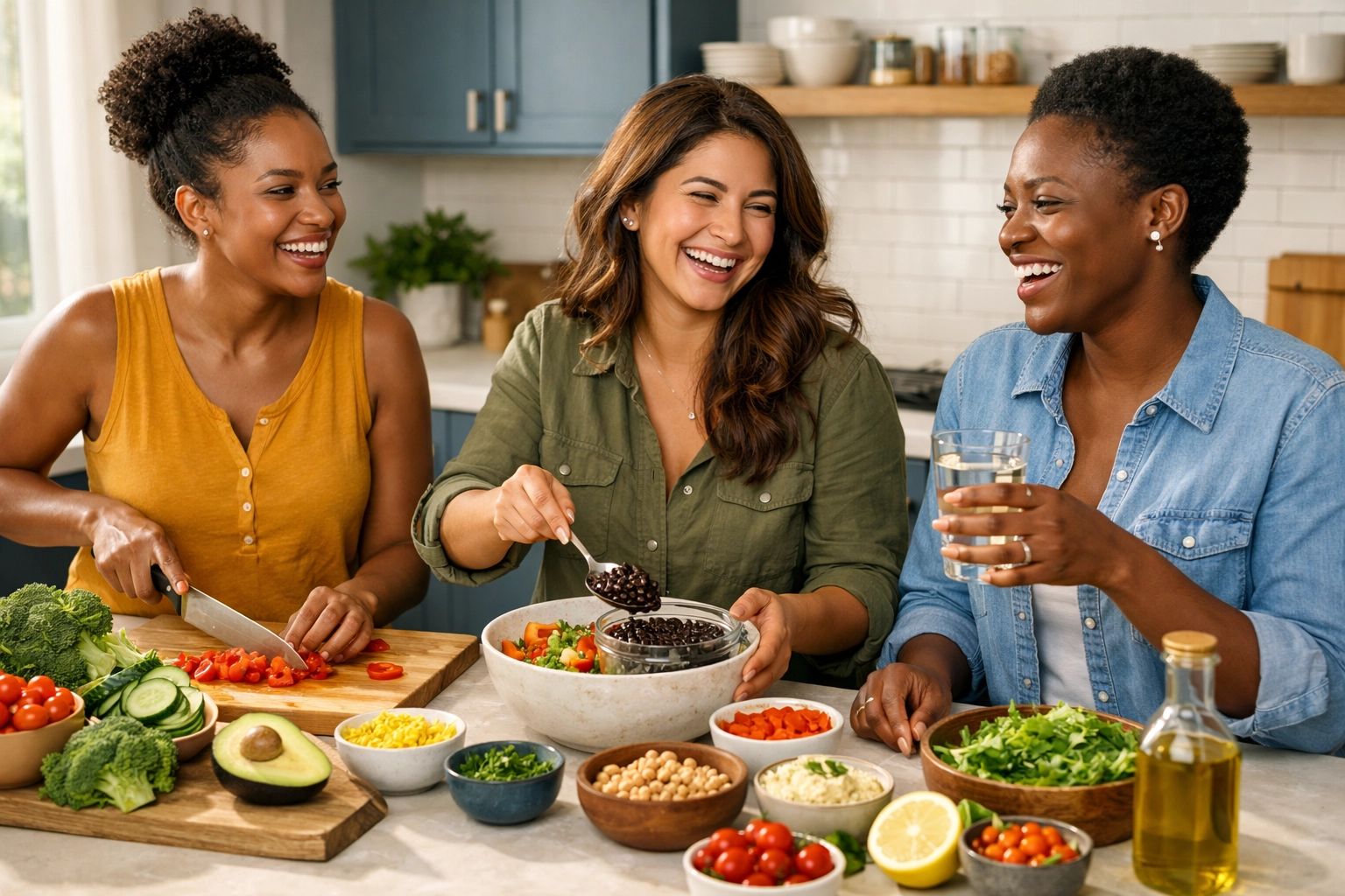 Diverse women preparing healthy high-fiber meals with fresh vegetables and legumes together