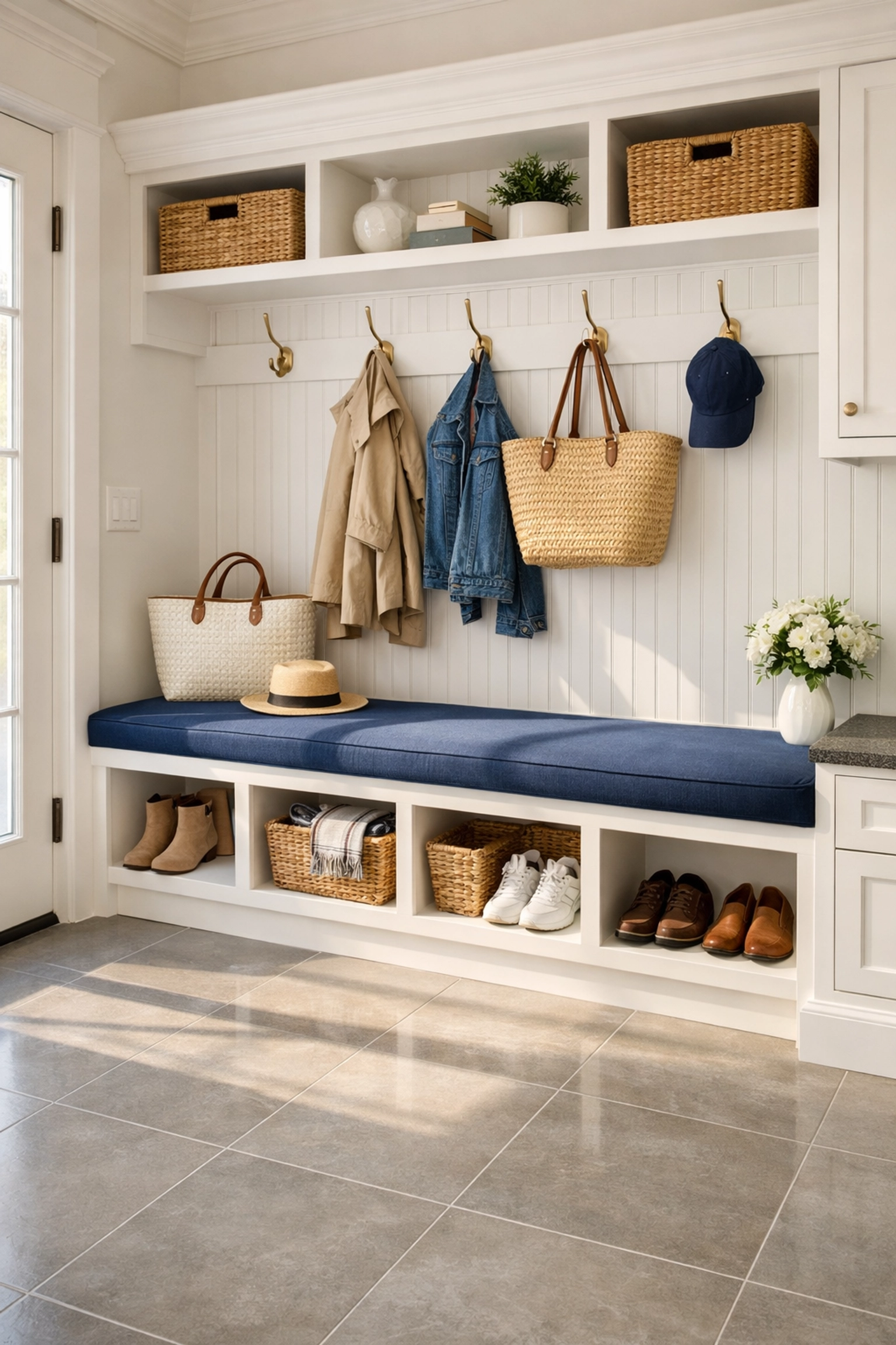 Organized Massachusetts mudroom with clean tile floors after recurring house cleaning Lowell MA service.