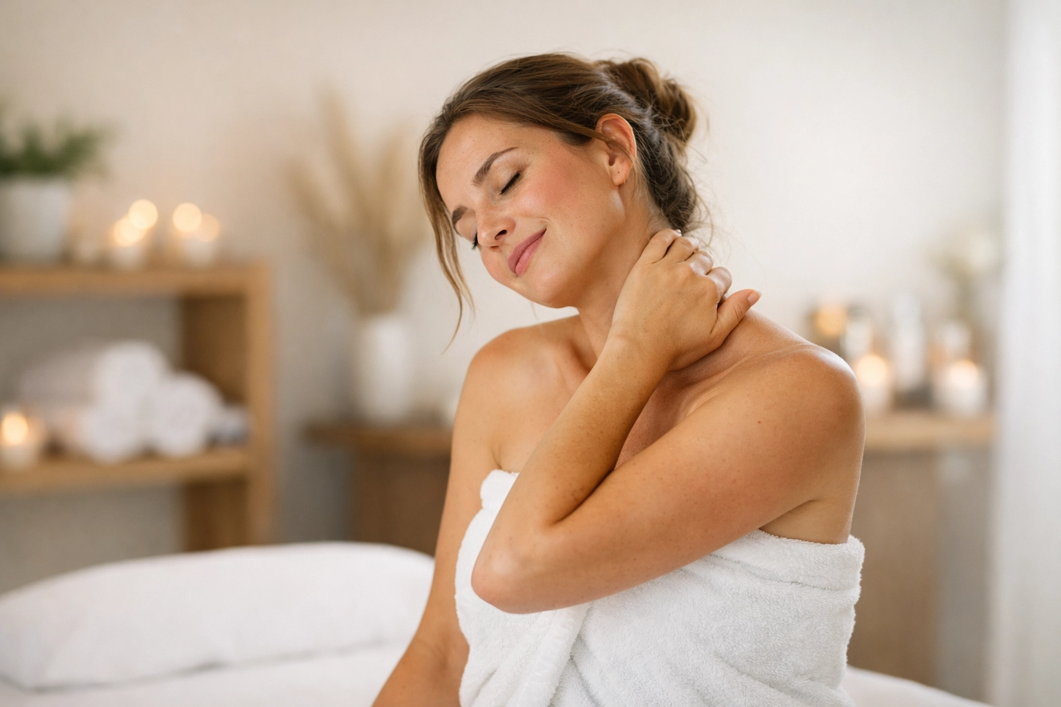 Client gently stretching neck and shoulder after massage, showing improved mobility and relief