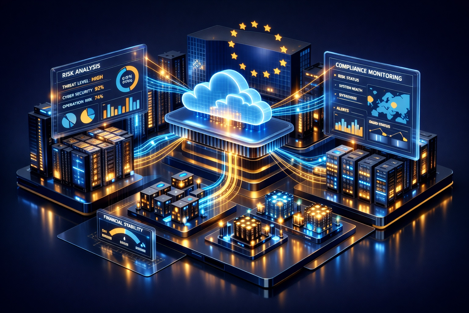 European financial institution ICT infrastructure network showing DORA compliance monitoring and ServiceNow ITAM integration