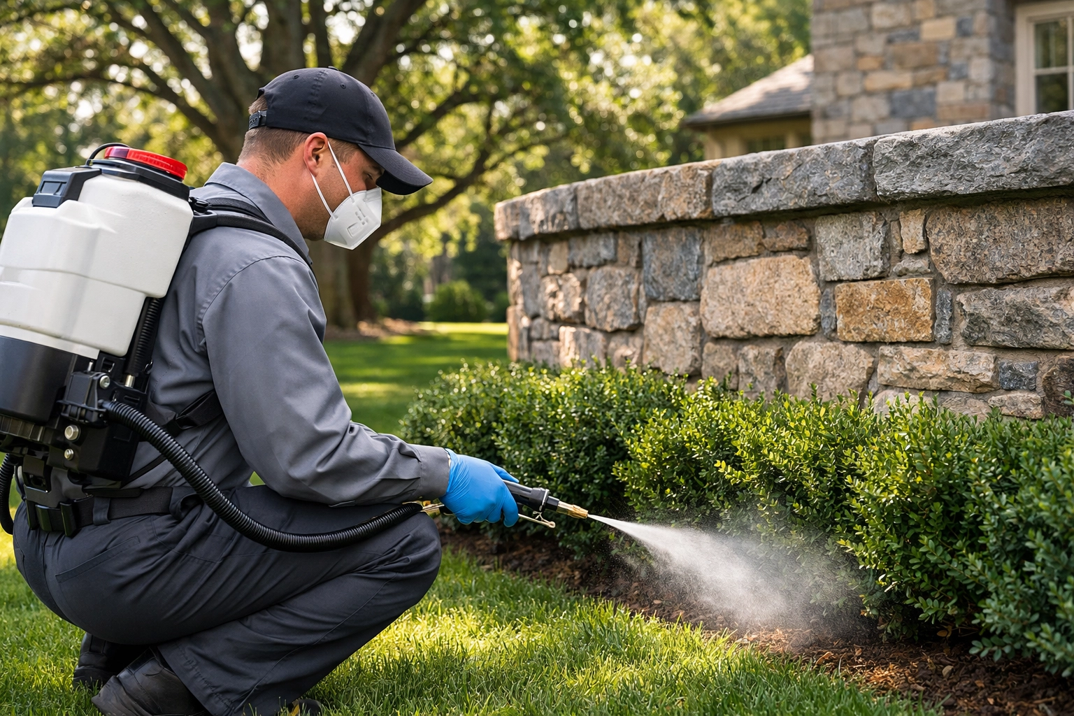 Exterminator in Westchester NY applying professional tick barrier treatment to a stone wall.