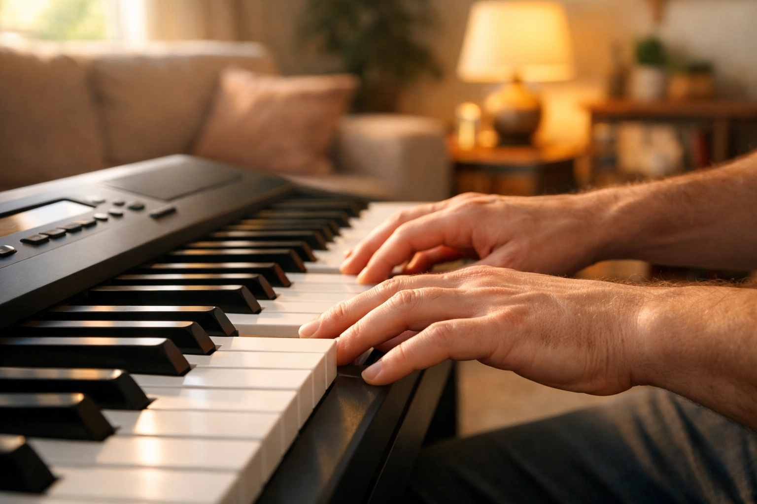 Hands playing electronic keyboard at home for piano practice in Stonecrest GA
