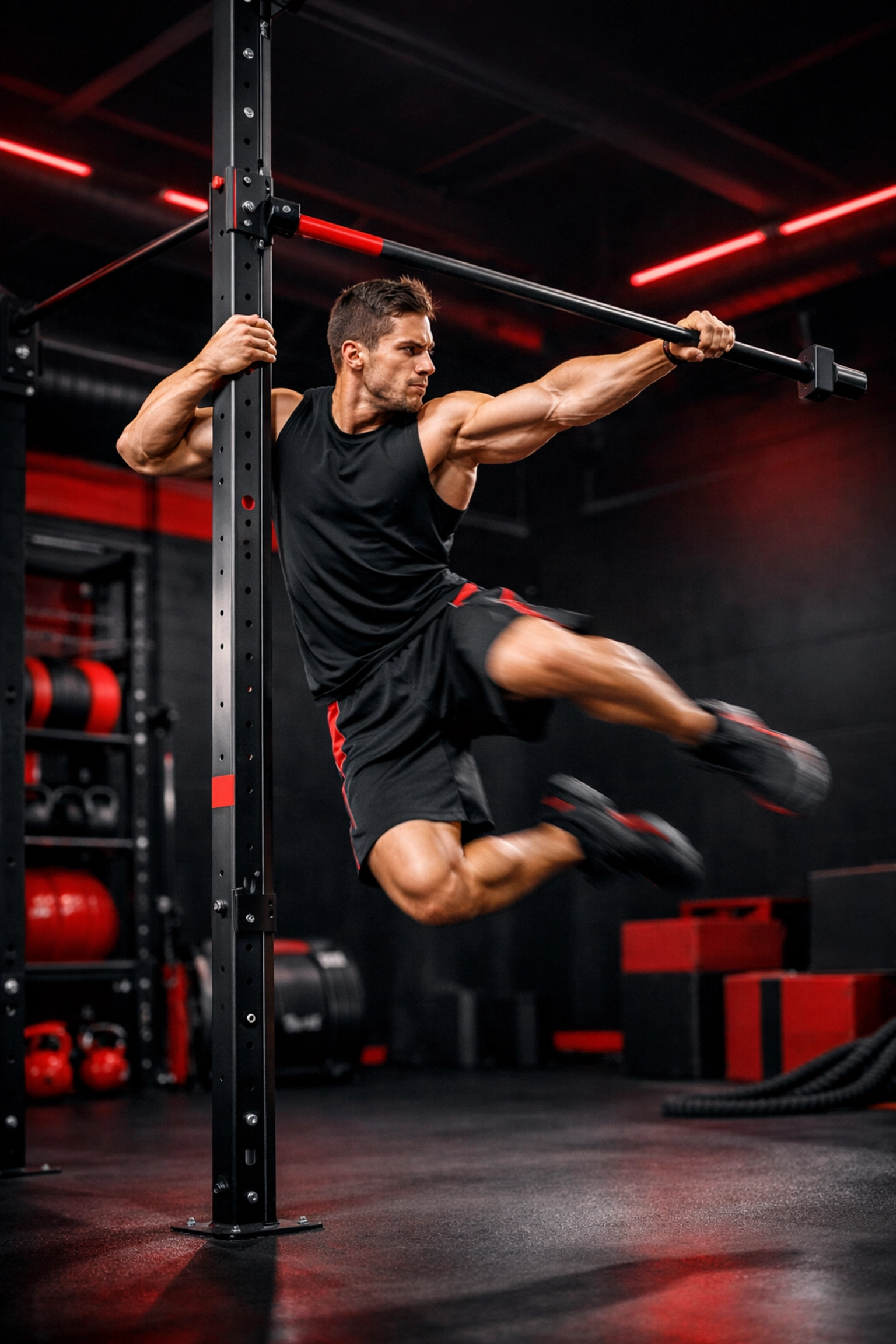 Athlete performing explosive archer pull-ups using a versatile floor to ceiling home gym system.