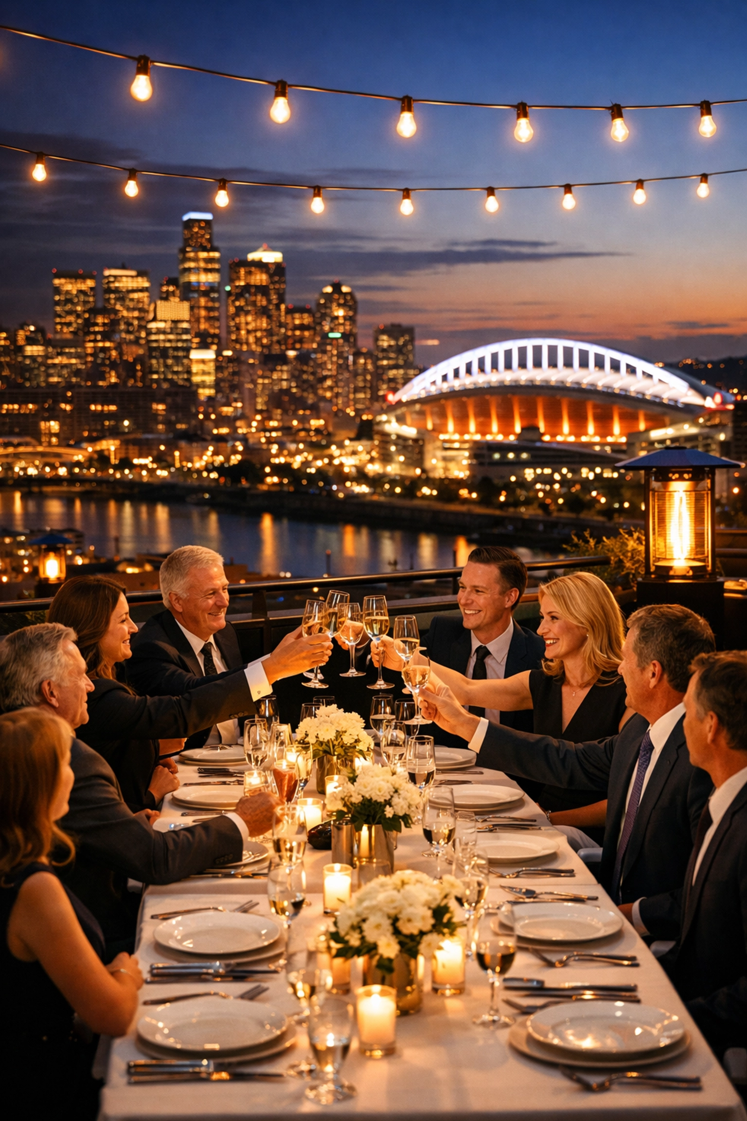 Corporate rooftop dinner for executives overlooking a stadium to enhance brand ROI through VIP hosting.