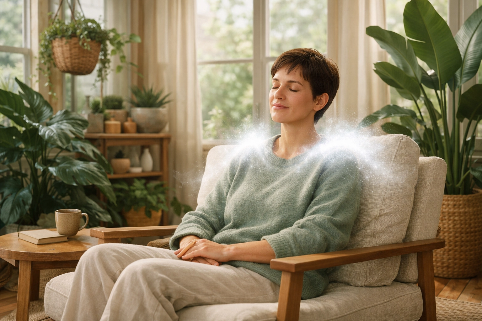A person resting peacefully in a sunroom, representing the comfort of the Holy Spirit and inner joy.