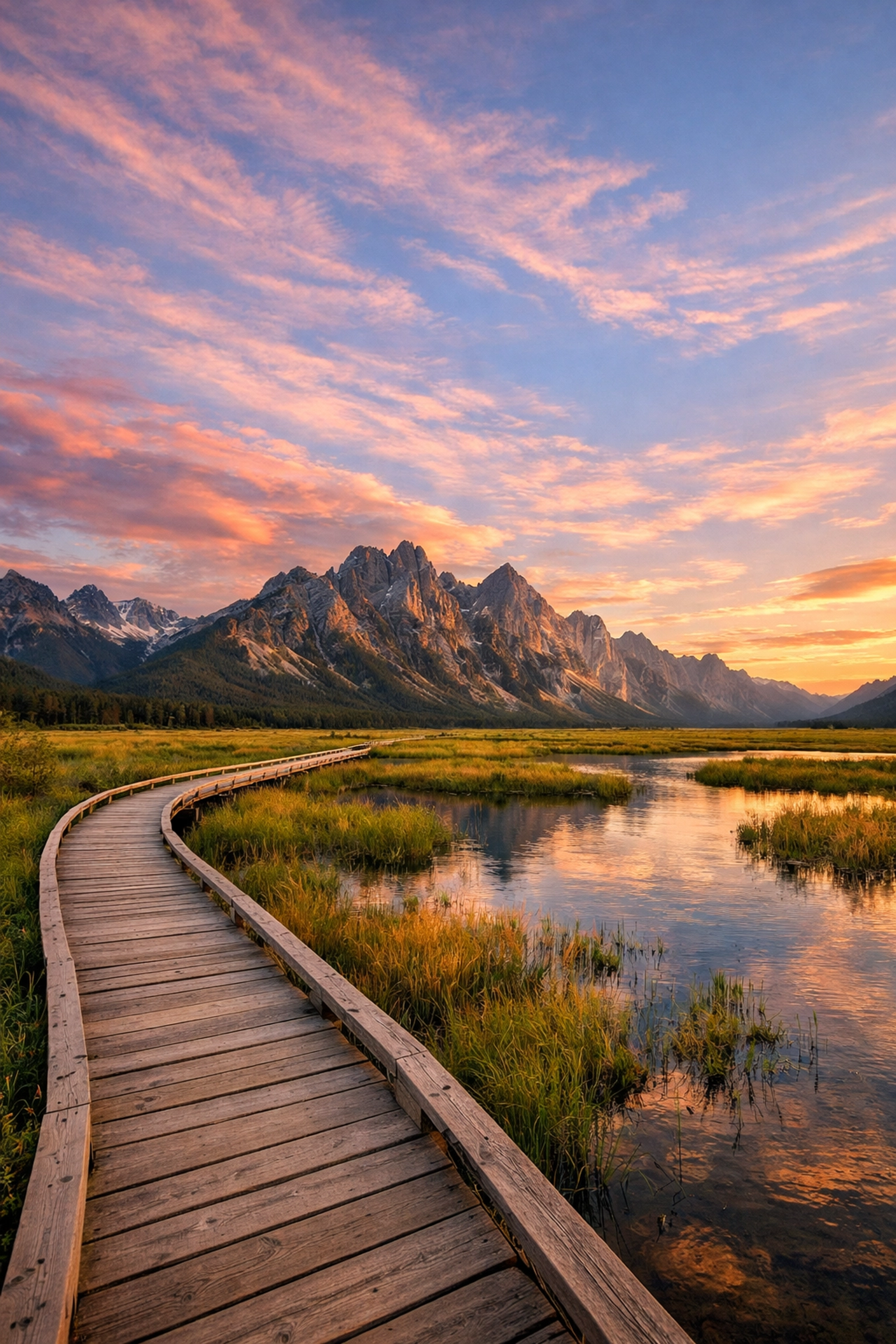 Boardwalk leading to mountains illustrating leading lines composition and landscape photography tips.