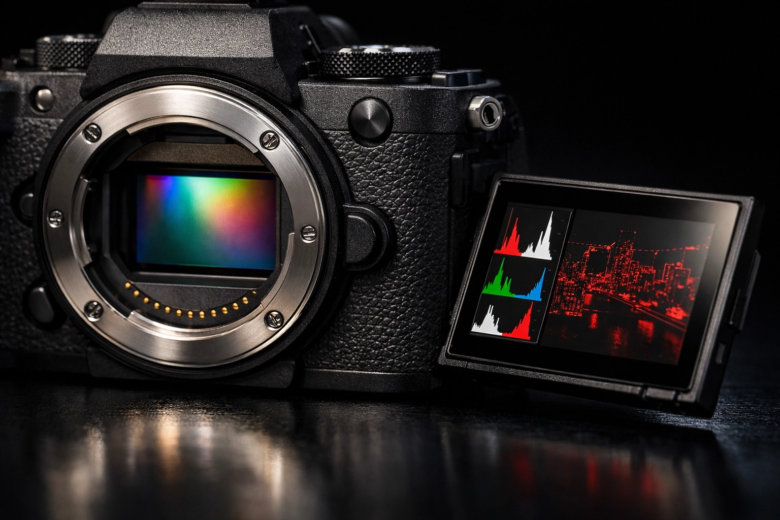 Close-up of one of the best mirrorless cameras showing the sensor for our camera gear reviews.