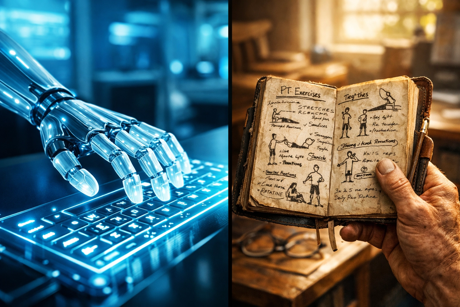 Human hand writing in a journal vs a robot hand, illustrating authentic experience in E-E-A-T SEO.
