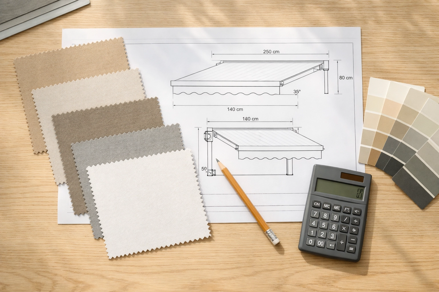 Planung einer Markise nach Maß mit Stoffmustern und technischen Zeichnungen