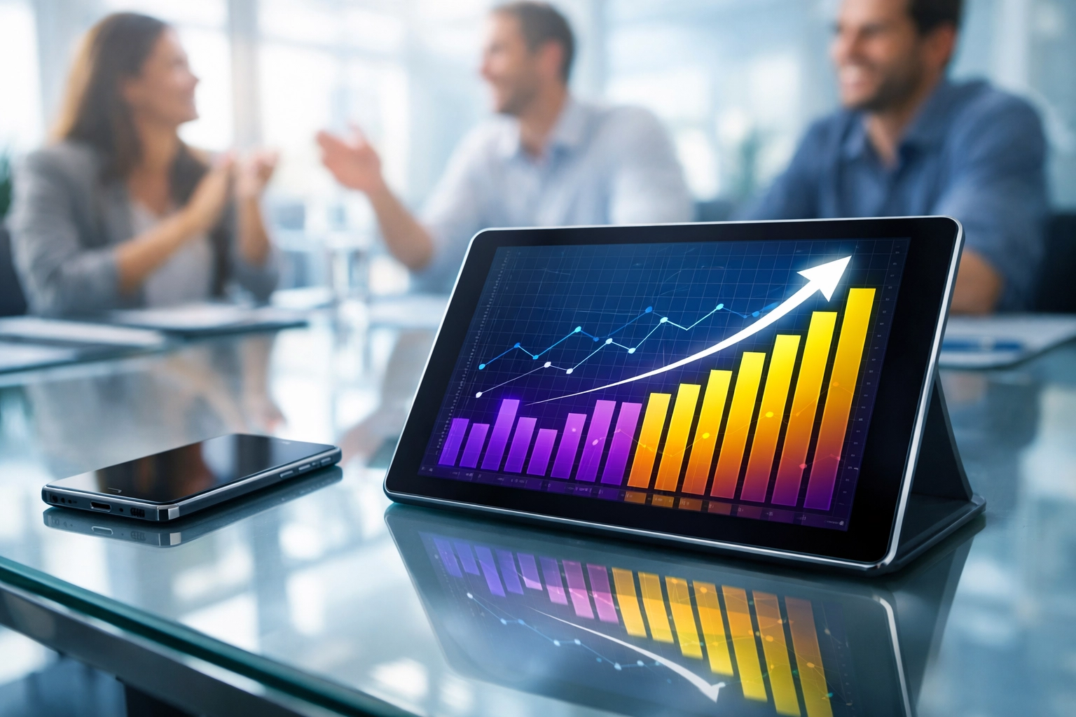 Data visualization of marketing ROI and business growth trends on a digital tablet in a professional setting.