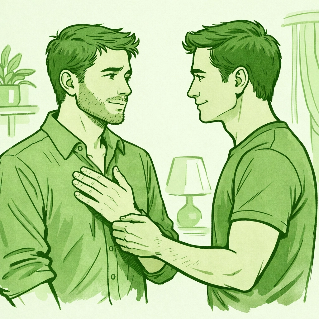 Two men sharing a safe coming out story moment, reflecting a common scene in gay novels.