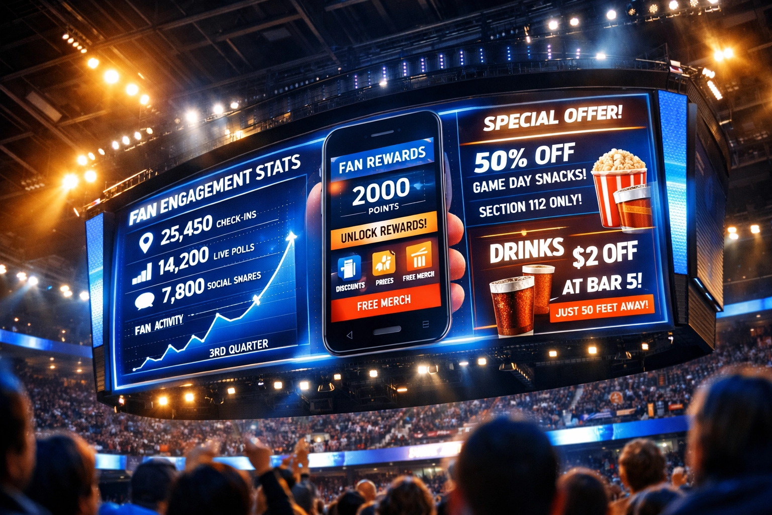 Stadium digital jumbotron displaying real-time fan engagement data and personalized Super Bowl offers