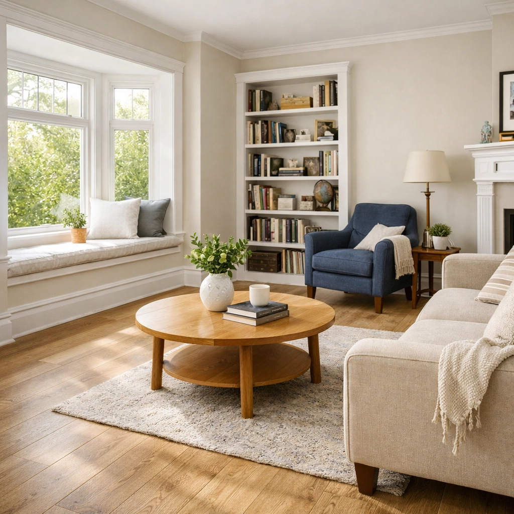 Modern luxury vinyl plank flooring in a classic Saskatoon character home for rent.