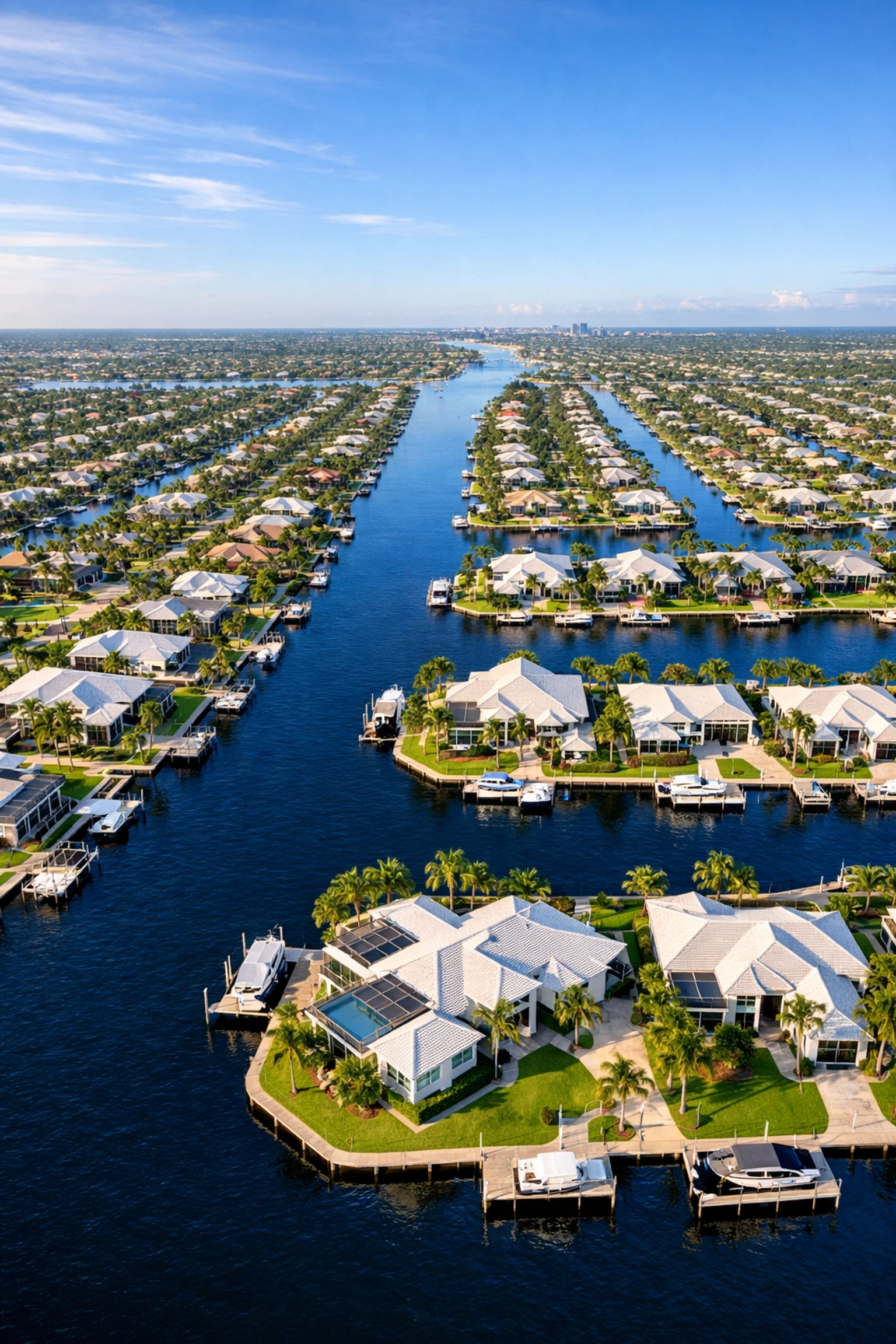 Aerial view of SWFL waterfront homes and the vast canal system in Southwest Cape Coral Florida.