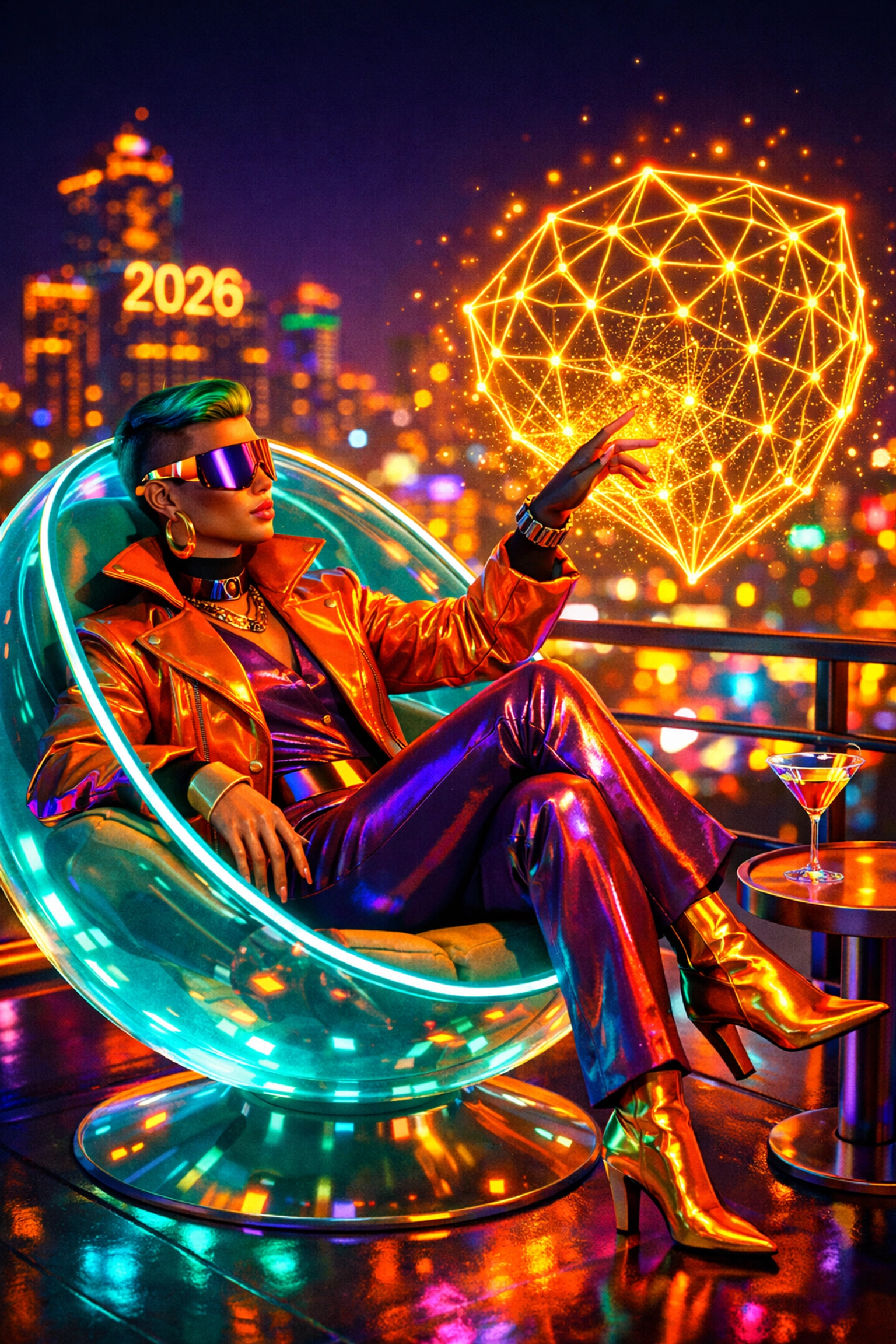 A person using a glowing safety interface to verify a dating app match in a futuristic neon city.