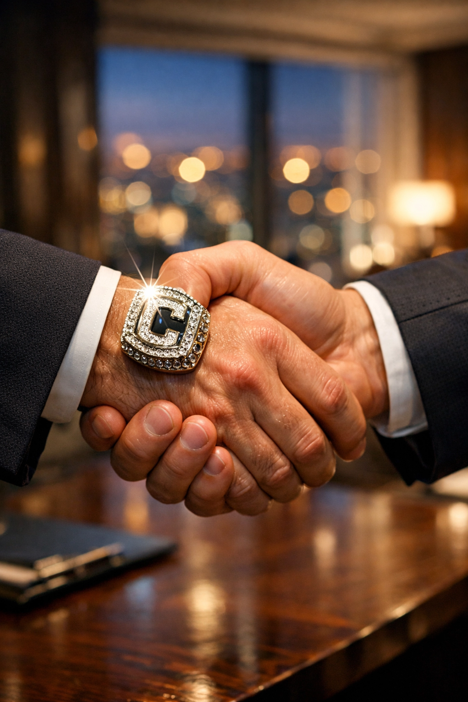 Handshake with championship ring in boardroom, symbolizing athlete networking and career transition