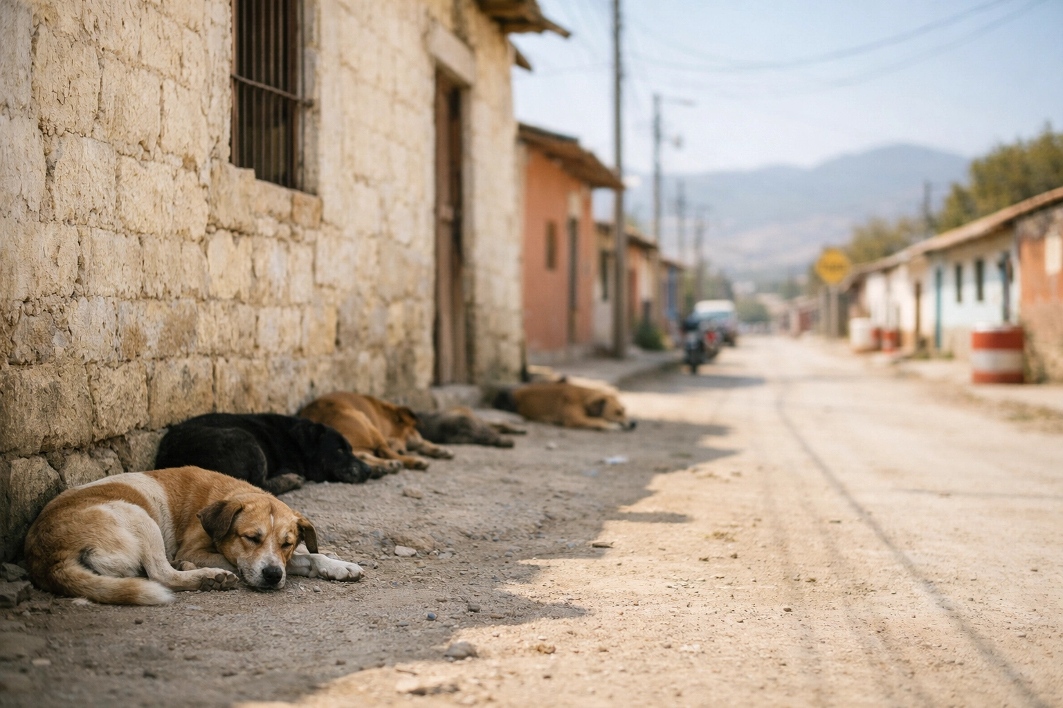 Mixed-breed stray dogs resting in a rural Oaxaca neighborhood street, highlighting Mexico's animal overpopulation.