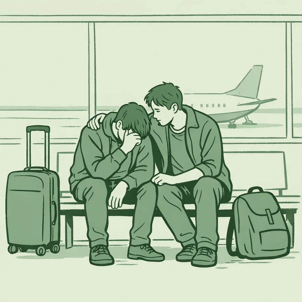 Gay refugee leaving Sri Lanka at airport - LGBTQ+ asylum seeker escaping persecution and criminalization