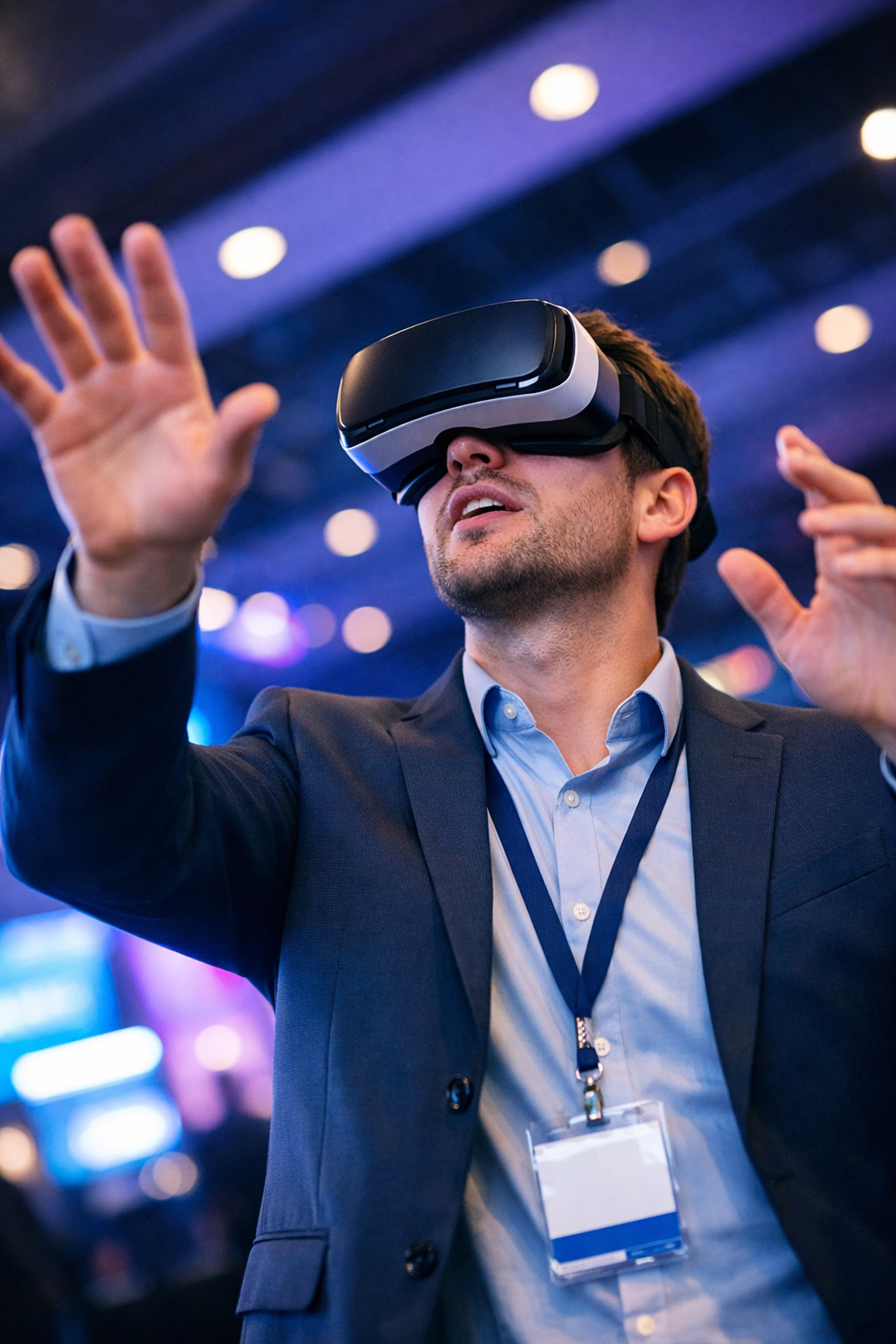 Professional wearing VR headset at corporate sponsorship activation event demonstrating immersive technology engagement