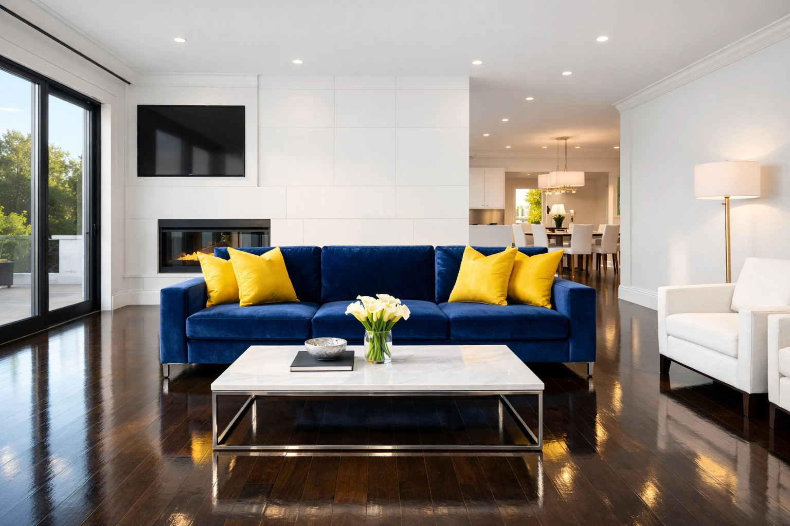 Clutter-free luxury living room with polished hardwood floors from professional cleaning services near me.