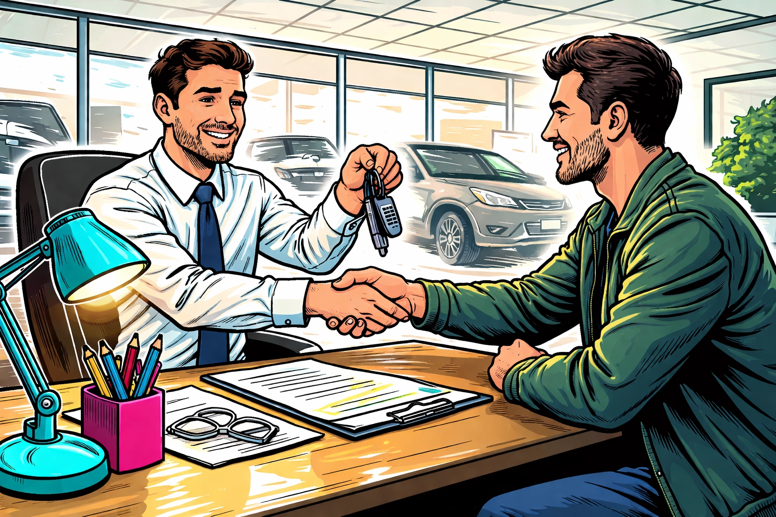 Car dealership office handshake as a buyer receives keys from a friendly Arnold MO salesperson