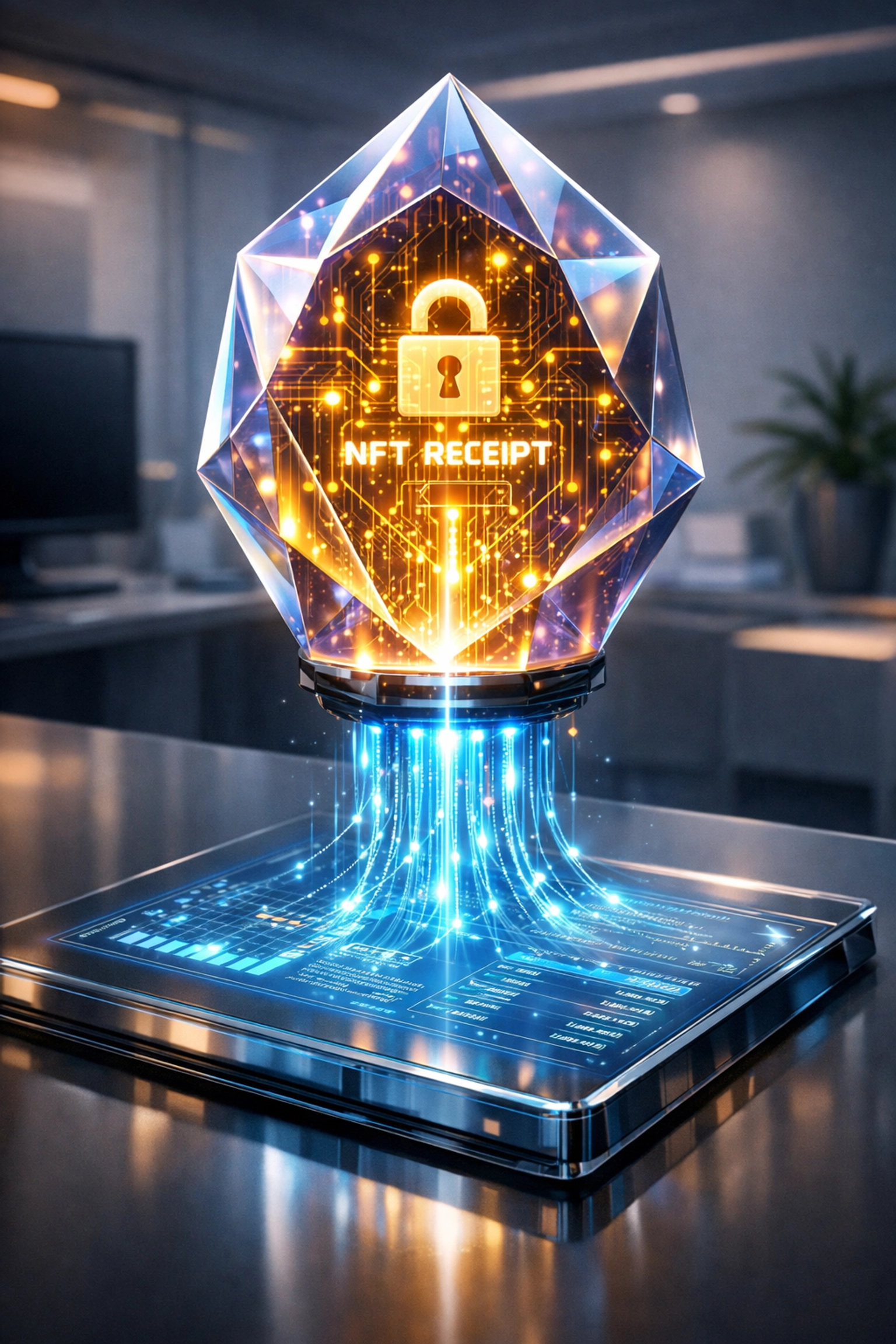 Secure NFT receipt crystal displaying automated crypto accounting and transaction data for merchants.