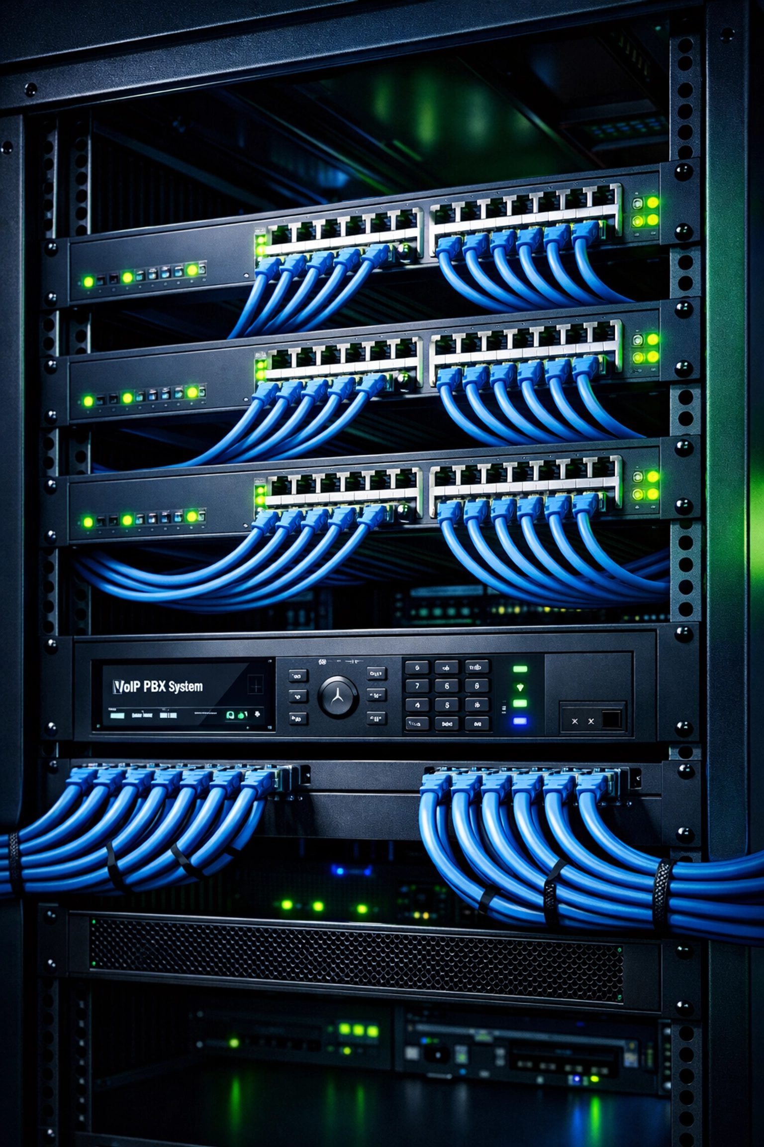 Professional network rack with organized Cat6 cabling and PoE switches for VoIP system installation