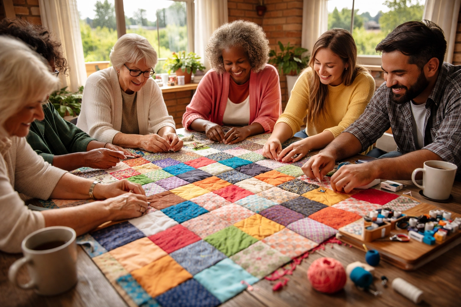 Hands of all ages working together on a patchwork quilt in a bright community room, highlighting creative community at Countryside Quilts.