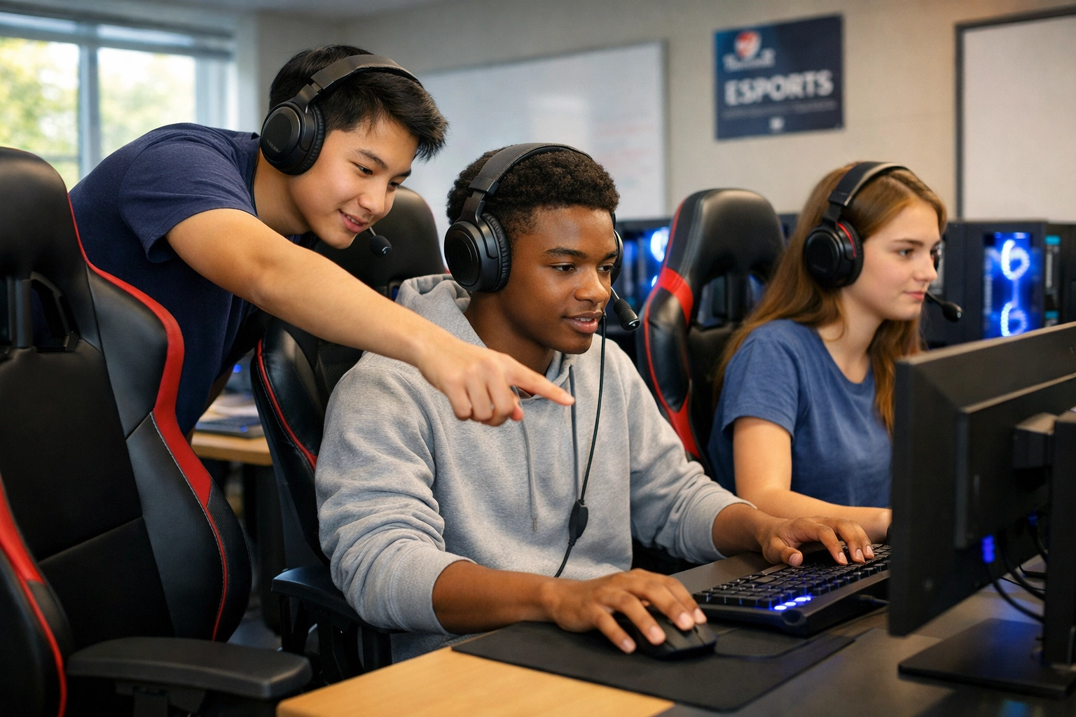 High school students collaborating in a modern esports lab for educational and strategic growth.