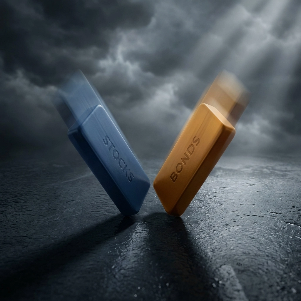 Dominoes falling in sync symbolizing stocks and bonds moving together, highlighting 60/40 portfolio risk.