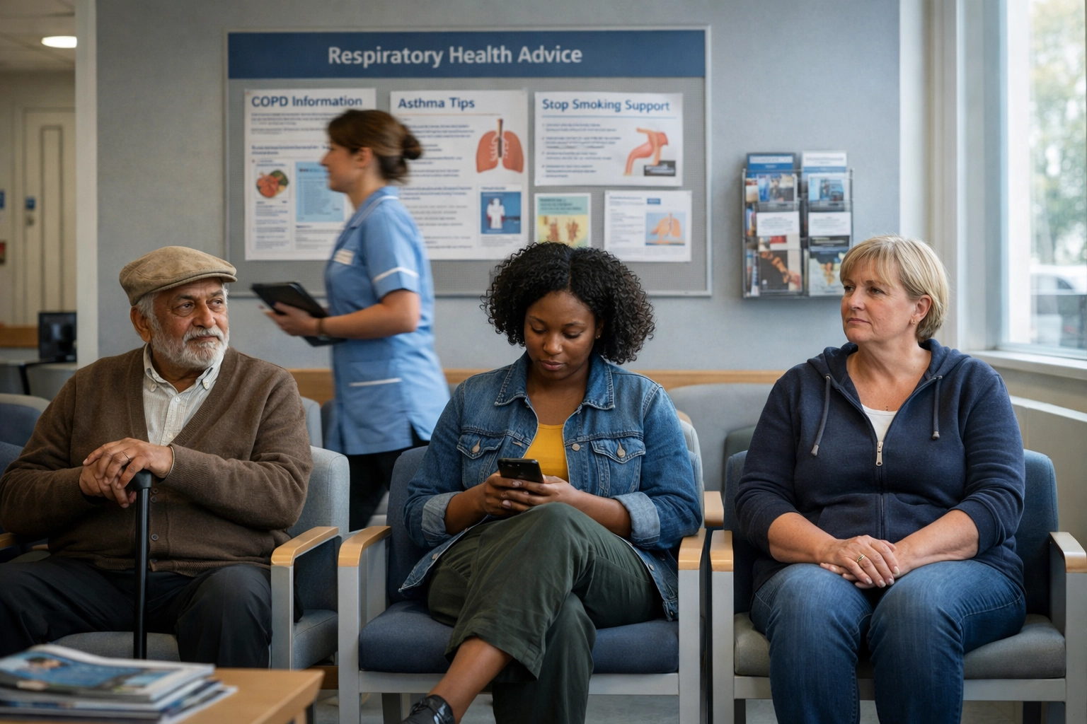 Diverse patients in NHS respiratory clinic waiting area reflecting health inequality metrics