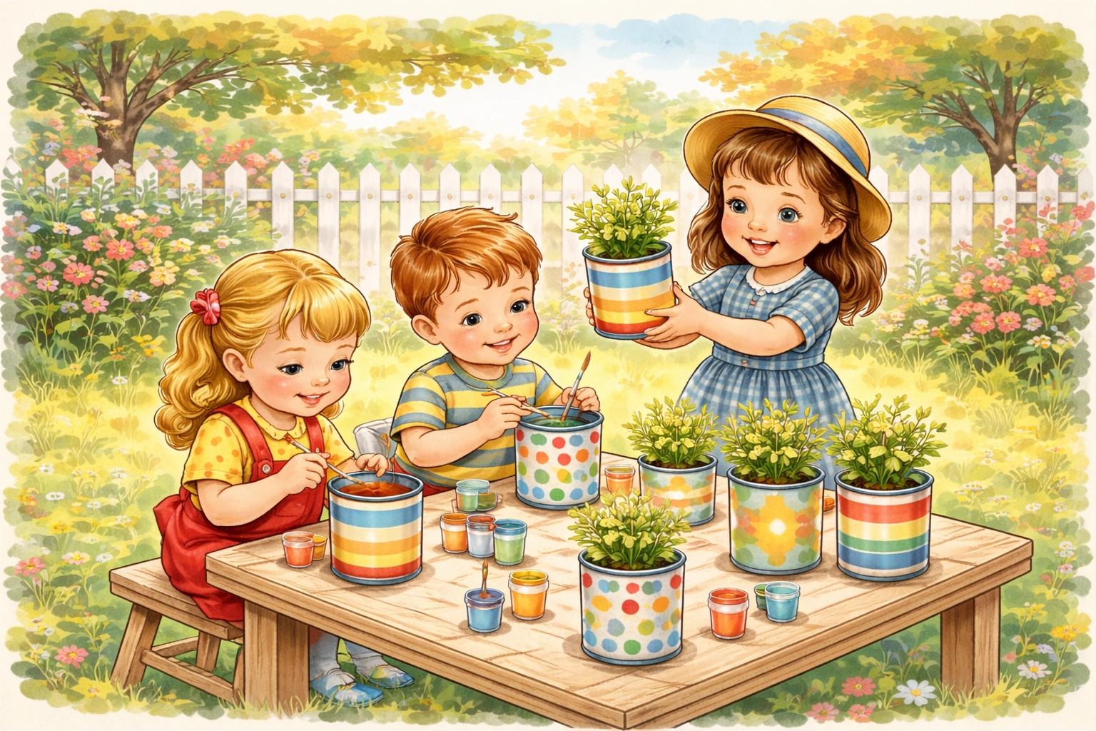 Children painting colorful rainbow tin can planters for the backyard garden in a whimsical storybook style