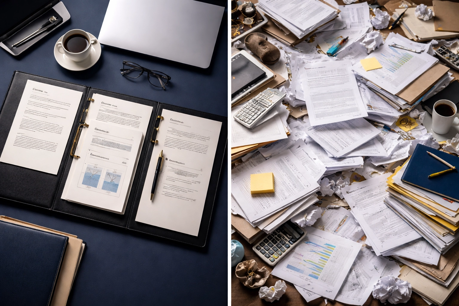 A split-image of a tidy, well-organized portfolio beside a cluttered desk, illustrating smart diversification versus chaotic over-diversification.