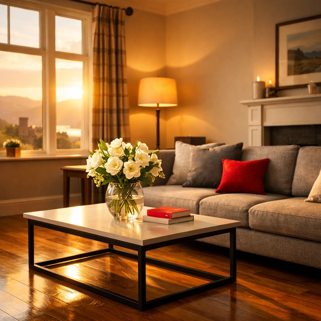 Professionally staged Scottish living room with natural light and modern furnishings