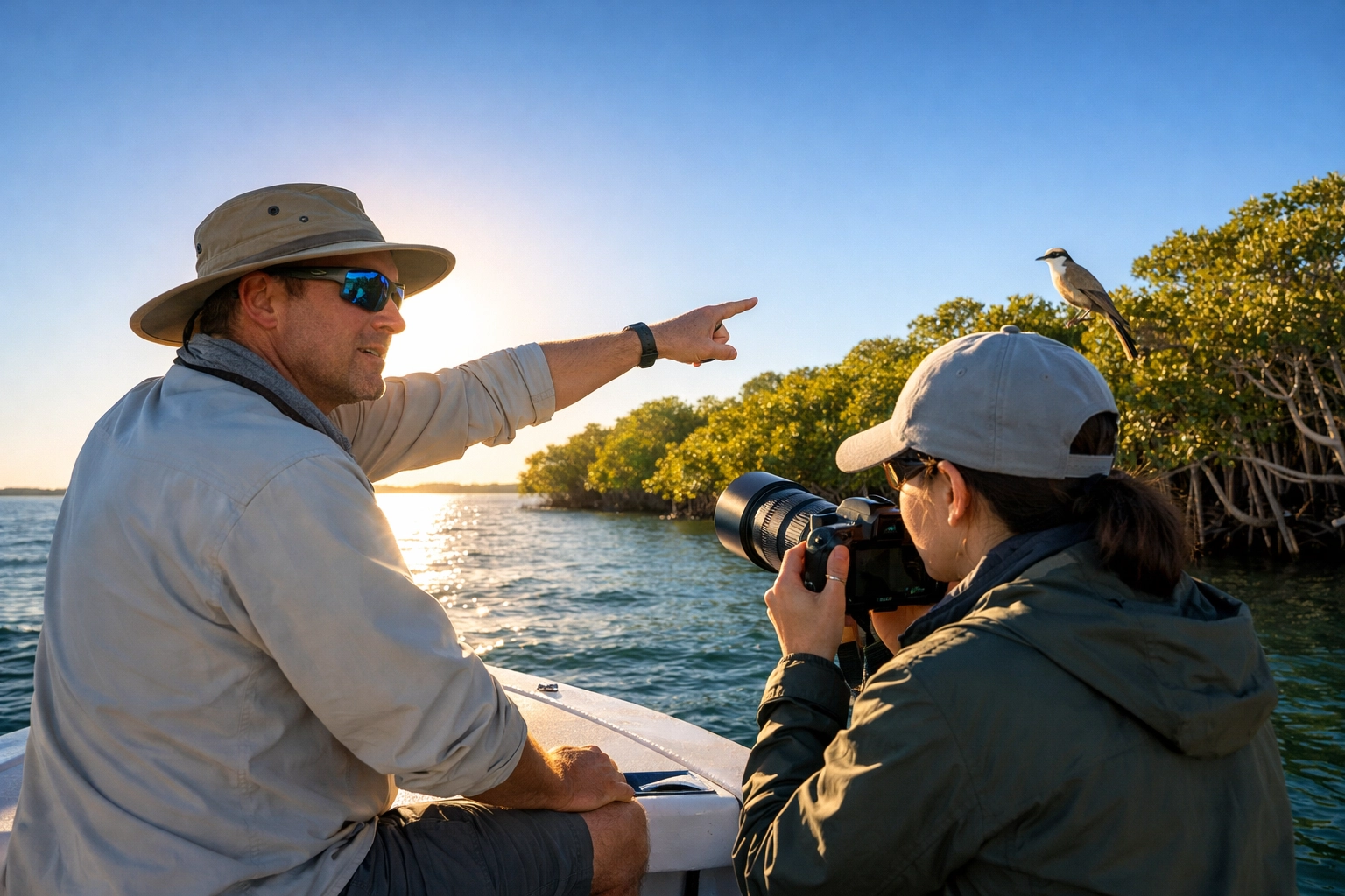 Professional guide and photographer on a Ten Thousand Islands boat tour spotting wildlife.