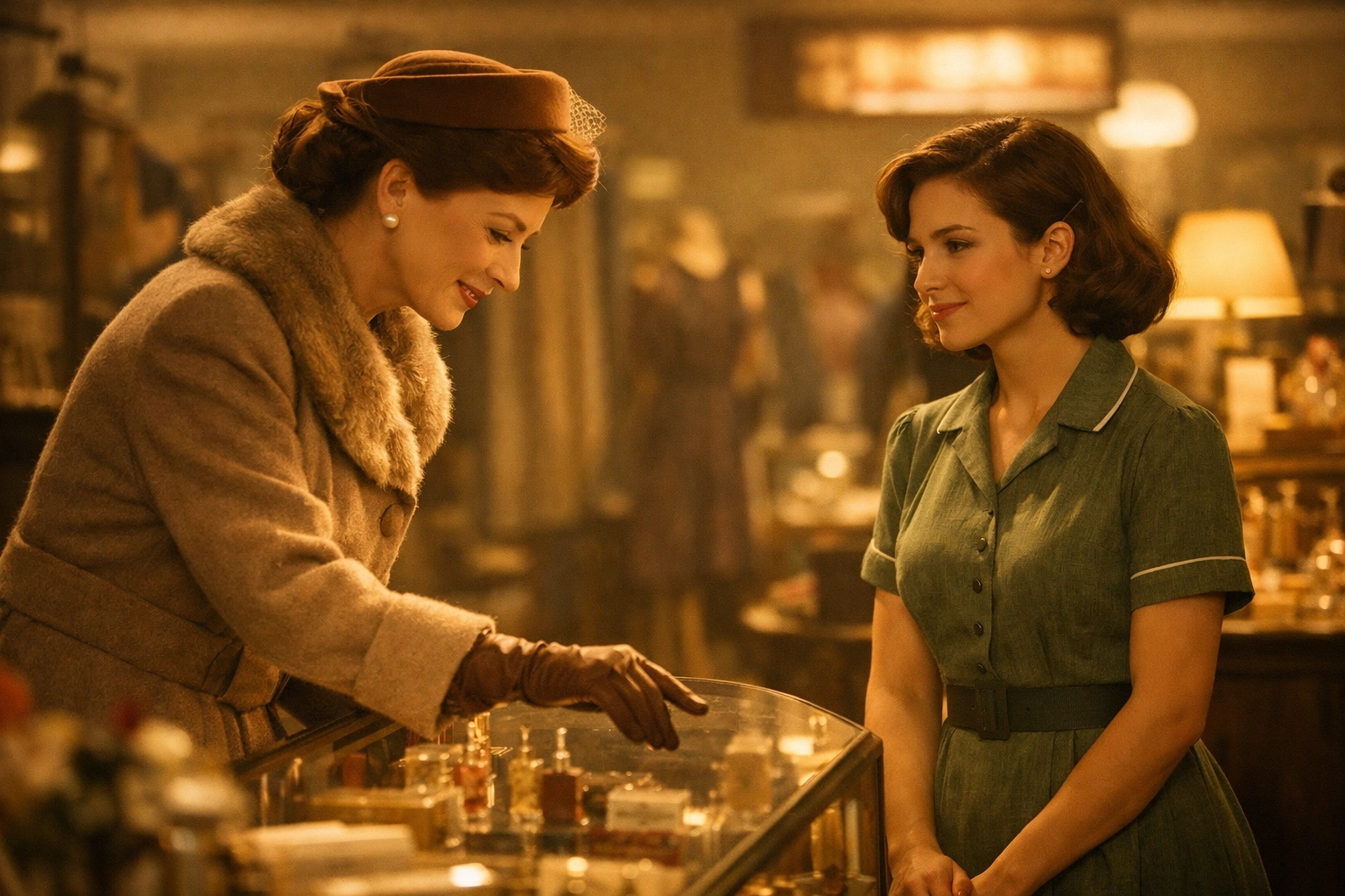 Two women meeting in 1950s department store scene from The Price of Salt lesbian romance novel