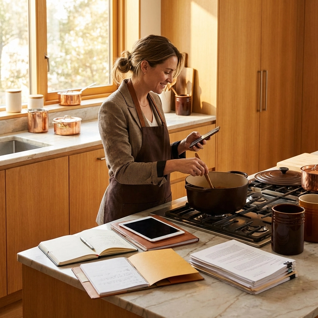 Image of a woman standing in her kitchen preparing a meal. She smiles as she looks through her phone. A tablet and a couple of notebooks are on the counter next to her along with a stack of paperwork bound with clips. 