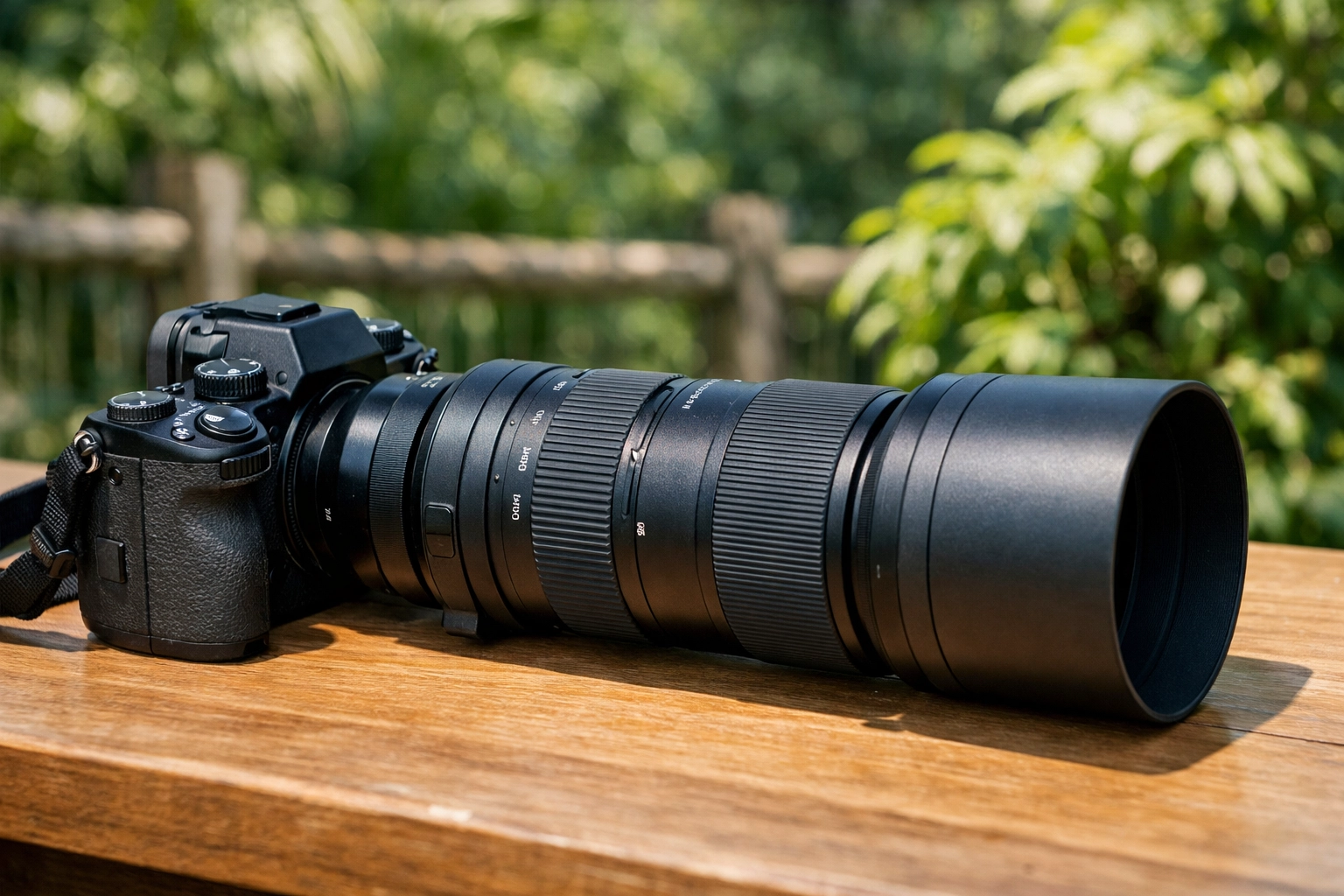 Professional mirrorless camera with a telephoto zoom lens for zoo animal photography.