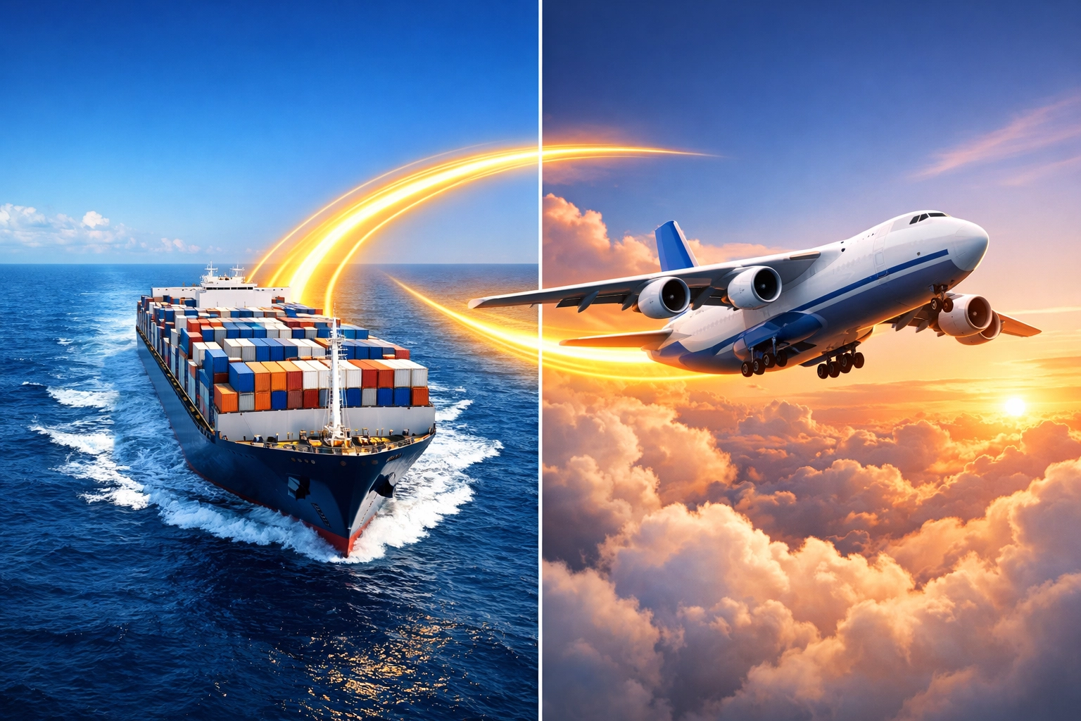 Container ship and cargo plane illustrating sea-air hybrid freight shipping services