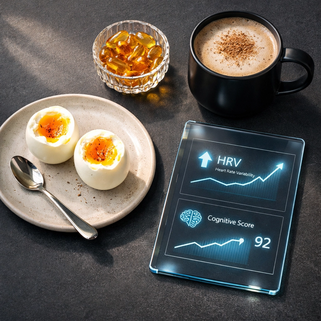 A daily cognitive supplement stack featuring Omega-3 fish oil, choline-rich eggs, and functional coffee.