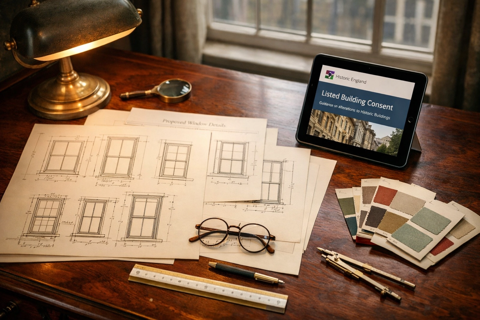 Listed Building Consent application documents and architectural drawings for secondary glazing